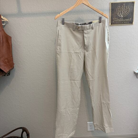 Men's Lauren Ralph Lauren Tan White Striped Seersucker‎ Dress Pants 33 x 32 NEW - Picture 1 of 11